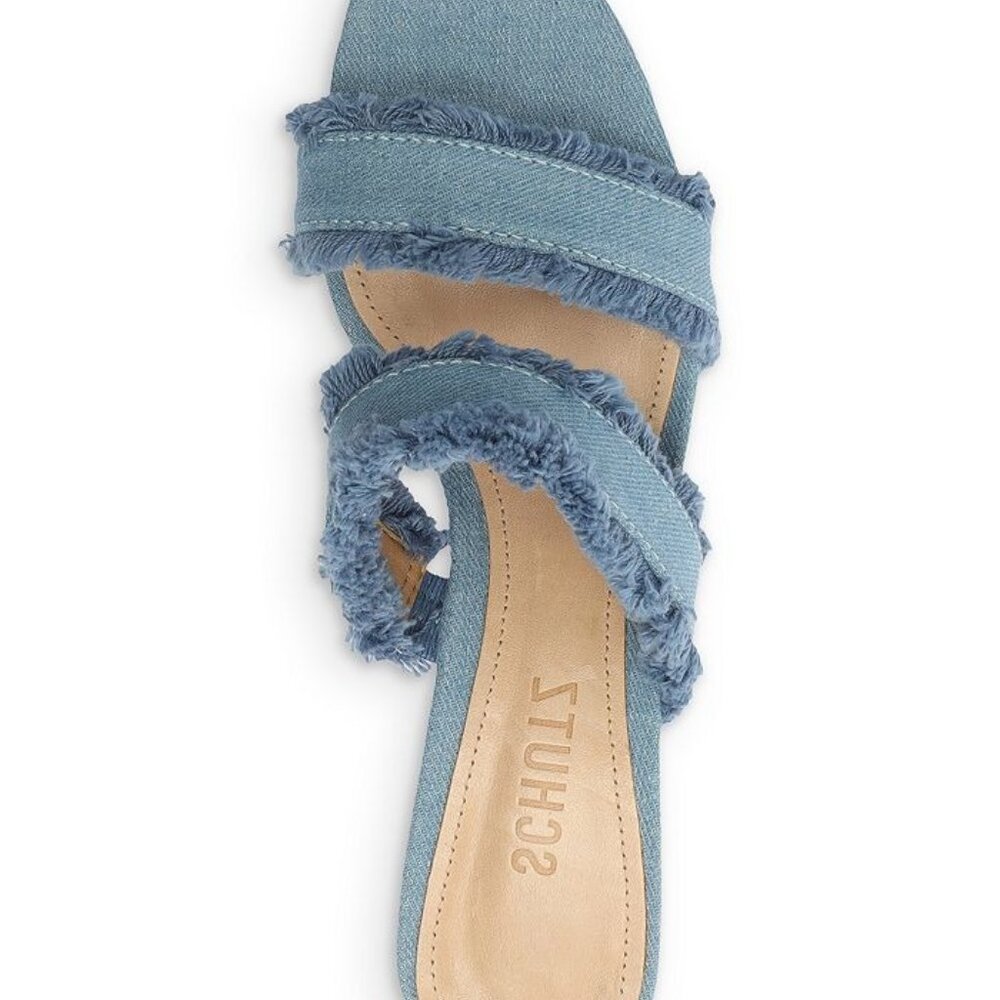 Amely Mid Block Denim Sandal with Frayed Straps | - Picture 10 of 12